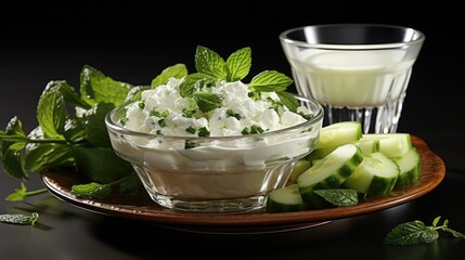 Poster - fresh green vegetables spinach and cottage cheese with cucumber and yogurt in a bowl on white, healthy diet food