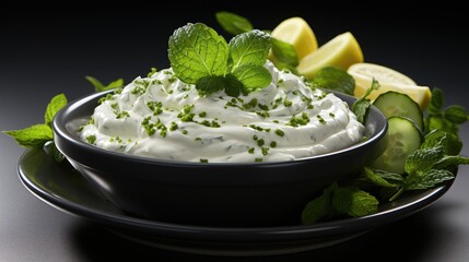 Poster - fresh green vegetables spinach and cottage cheese with cucumber and yogurt in a bowl on white, healthy diet food