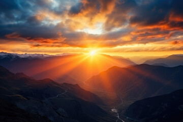  Golden Horizon: Majestic Aerial Serenity, Breathtaking Sunset over Mountain Range - a Scenic Adventure in Nature's Panorama