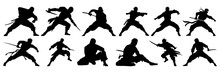 Ninja Samurai Fighter Silhouettes Set, Large Pack Of Vector Silhouette Design, Isolated White Background