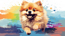 Adorable Pomeranian Dog Running Illustration Vector In Abstract Mixed Grunge Colors Digital Painting In Minimal Colorful Graphic Art Style. Digital Illustration Generative AI.