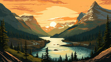 Scenic View Of Glacier National Park During Sunrise In Landscape Comic Style. Giant Cactus. Digital Illustration Generative AI.