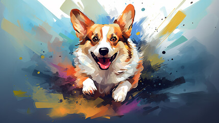 Wall Mural - Adorable corgi dog running illustration vector in abstract mixed grunge colors digital painting in minimal colorful graphic art style. Digital illustration generative AI.