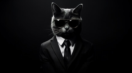Naklejka na meble Cool looking black cat wearing suit, tie and sunglasses isolated on dark background. Businessman, boss, mafia, bodyguard. Digital illustration generative AI.