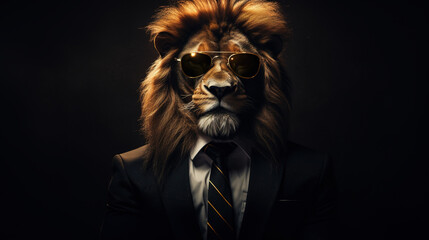 Wall Mural - Cool looking lion wearing suit, tie and sunglasses isolated on dark background. Businessman, boss, mafia, bodyguard. Digital illustration generative AI.