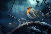 Cute Robin Perched On A Frosty Branch In Winter