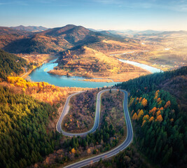 Wall Mural - aerial view of mountain road in colorful forest at sunset in autumn in ukraine. top view from drone 