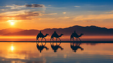 Silhouette Of Camel Caravan With Bedouins Travelling Desert, Sand An Sky, Generative AI