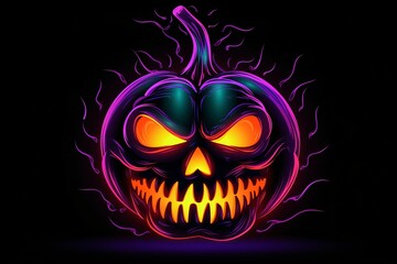 Wall Mural - Graphic neon pumpkin lantern with evil smile