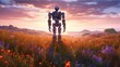 3d rendering of a robot in a field of flowers at sunset