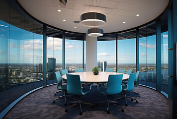 Modern office meeting room interior with glass windows. Created with Generative AI