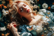 Beautiful Young Woman In A Vintage Blue Dress Sleeping In The Wild Flowers With Butterflies. Fairy Tale And Magic Fantasy Stories Concept