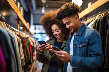 Two young people looking at their phones in a clothing store. AI