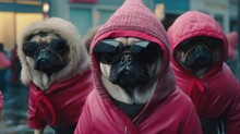 Three pug dogs wearing pink coats and sunglasses. AI