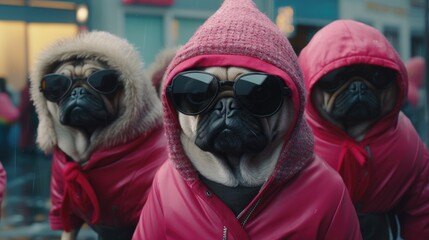 Wall Mural - Three pug dogs wearing pink coats and sunglasses. AI