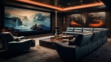 A contemporary media room with plush seating and hidden speakers