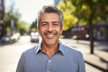 Portrait of a brazilian man outdoors, in big city, modern man concept,  businessman concept, busimodern buildings in the background, sunlight.