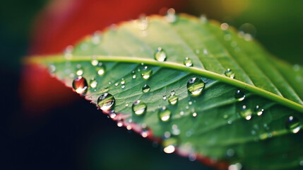 Wall Mural - delve into the world of macro photography with this bokeh scene, where tiny water droplets on a leaf
