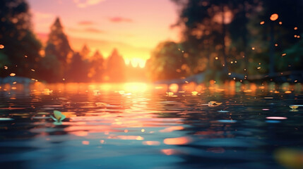 Wall Mural - capture the serenity of a peaceful lake at sunset with this bokeh scene, featuring reflections of vi
