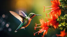 Get Up Close And Personal With A Hovering Hummingbird As It Delicately Sips Nectar From A Vibrant, Tubular Flower In This Captivating Macro Scene.