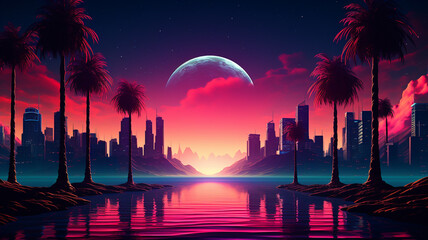 Abstract 3d synthwave colorful neon background banner 