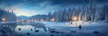A Snow - Covered Forest, Frozen Lake, Families Ice - Skating, Snowmen, And Fairy Lights In The Trees, Captured During Blue Hour