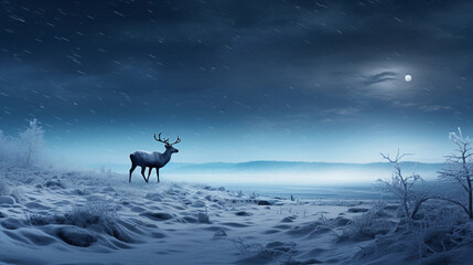 Wall Mural - frozen tundra, aurora borealis visible, distant figure of a lone reindeer, moonlit