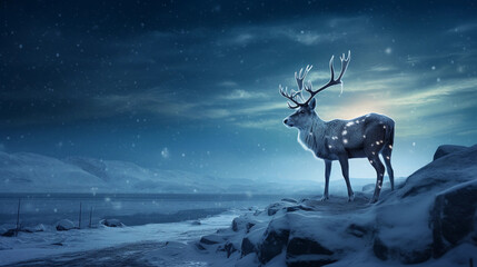 Wall Mural - frozen tundra, aurora borealis visible, distant figure of a lone reindeer, moonlit