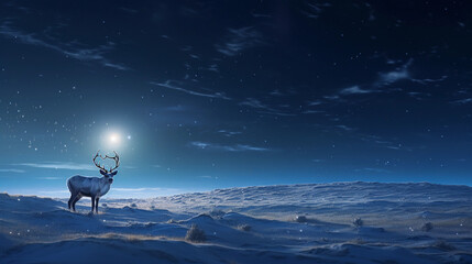 Wall Mural - frozen tundra, aurora borealis visible, distant figure of a lone reindeer, moonlit