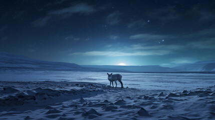 Wall Mural - frozen tundra, aurora borealis visible, distant figure of a lone reindeer, moonlit