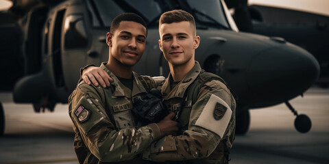 two soldiers in uniform, arms over each other's shoulders, standing in front of a military helicopter. Grateful expressions, unity in diversity