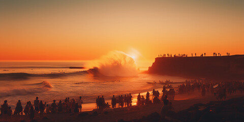 Wall Mural - golden hour at a crowded beach, sun dipping below the horizon, surfers catching final waves, bonfires in the distance