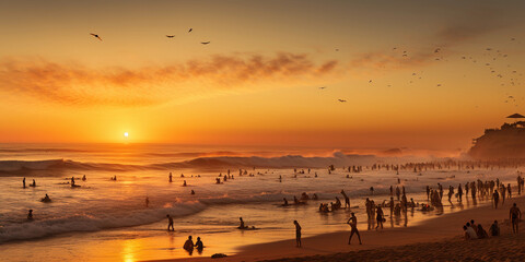 Canvas Print - golden hour at a crowded beach, sun dipping below the horizon, surfers catching final waves, bonfire