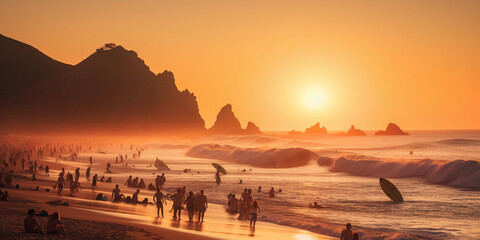 Canvas Print - golden hour at a crowded beach, sun dipping below the horizon, surfers catching final waves, bonfire