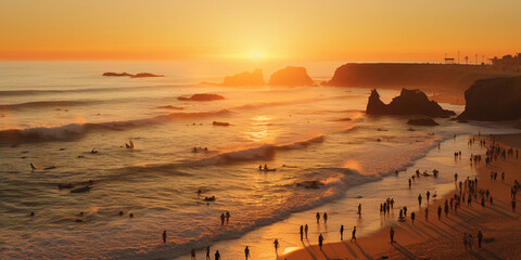 Wall Mural - golden hour at a crowded beach, sun dipping below the horizon, surfers catching final waves, bonfires in the distance