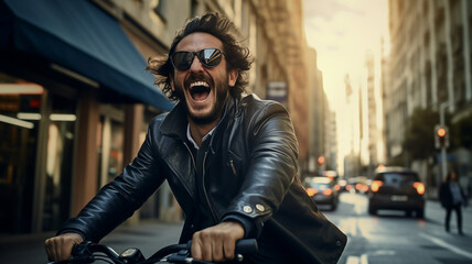 Happy excited person driving through the city streets on a bicycle