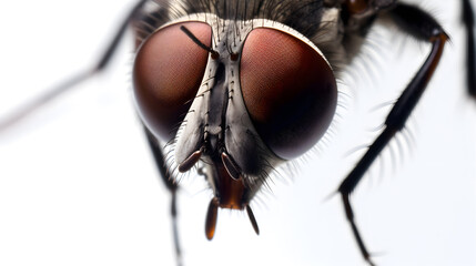house fly head macro close-up, isolated on white background, copy space