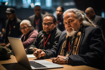 Indigenous language advocates gathering at a conference to discuss preservation strategies. Generative Ai.