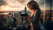 Photoshoot of a skyline with girl in old building having a huge camera, skyline photoshoot