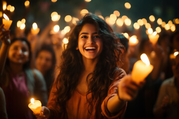 Wall Mural - a person capturing the joyous celebrations of indian students during a festival of lights, fostering