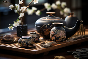 Sticker - Intricately designed Japanese tea ceremony utensils, reflecting the meticulous attention to detail in Japanese cultural practices. Generative Ai.