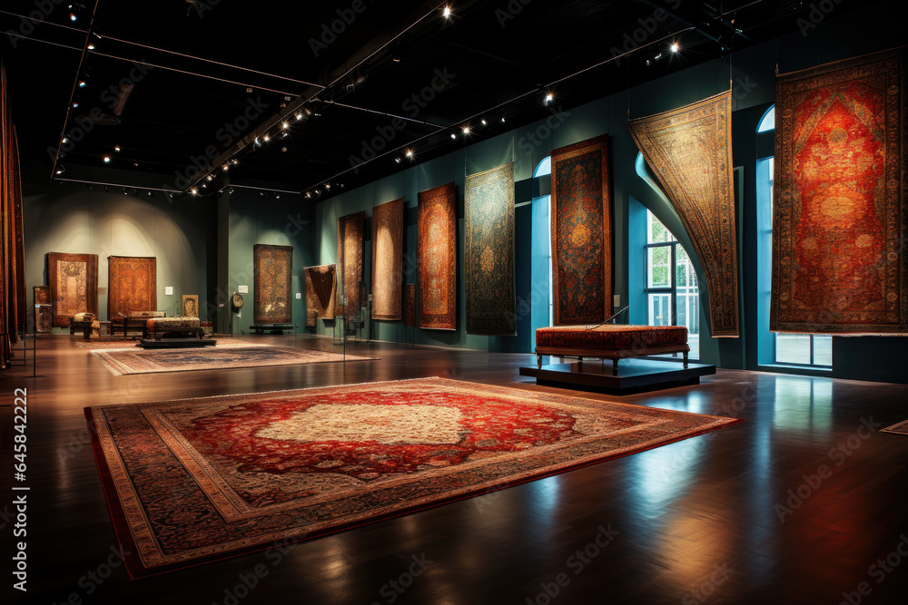 Persian Rug Display Elaborately designed Persian rugs on display, exemplifying the artistic ...