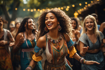 Diverse group of people from different cultures dancing together at a multicultural festival. Generative Ai.