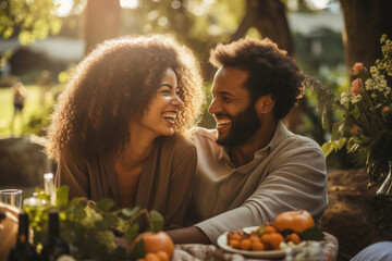 Wall Mural - Young couple's happy laughter during a romantic picnic in the park. Generative Ai.