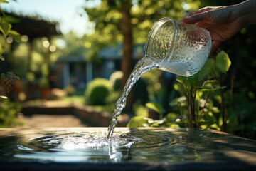 Canvas Print - A person's hand pouring clean drinking water, emphasizing the importance of water conservation. Generative Ai.