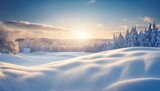 Fototapeta Natura - Winter snow flakes on blue sky in evening, winter snow background with snowdrifts, banner format, copy space