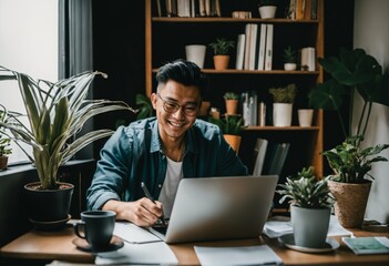 GenZ Asia man smiling in cozy home office, work from home wfh people concept