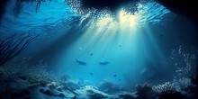 Underwater Seascape - Rays Of Light, Fish And Coral Reef. Generative AI