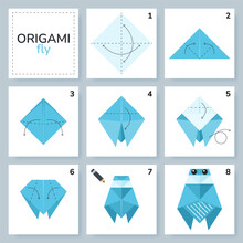 Fly Origami Scheme Tutorial Moving Model. Origami For Kids. Step By Step How To Make A Cute Origami Insect. Vector Illustration.