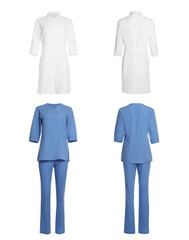 Wall Mural - Blue medical uniform and coat isolated on white, collage with back and front views